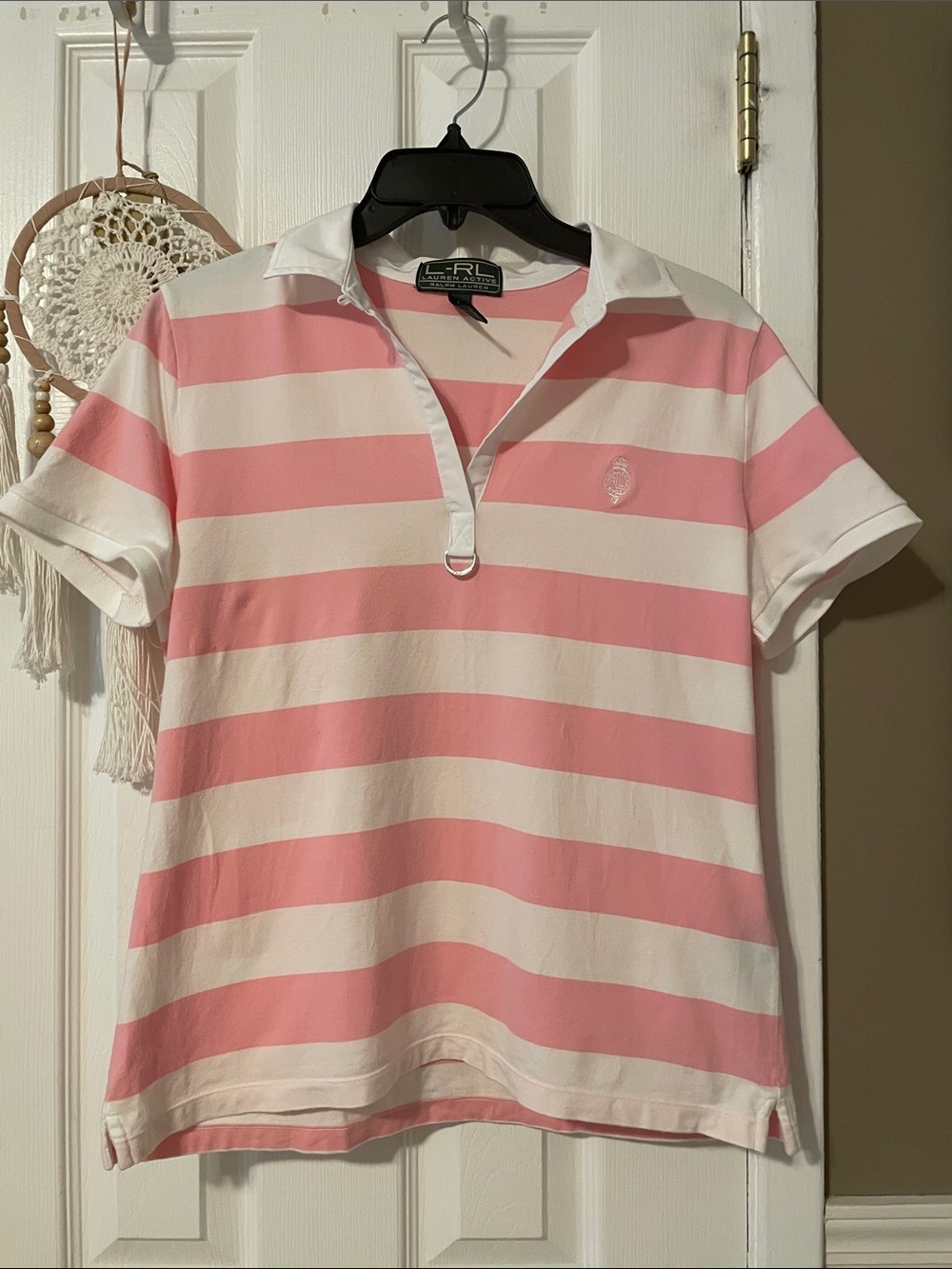 Ralph Lauren active women’s Pink and White Striped Polo Shirt